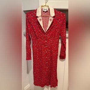 Rouje Red Floral Midi Dress with White Scalloped Collar